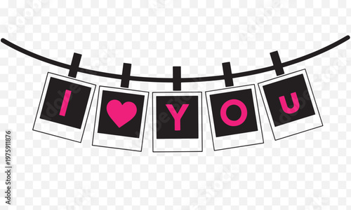 I love you text on instant film photos hanging on a clothesline with clothesline valentines affection greeting celebration relationship sweetheart romantic polaroid