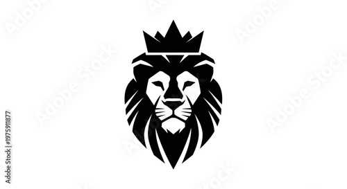 Majestic Lion Head with Crown Black and White Vector Illustration.