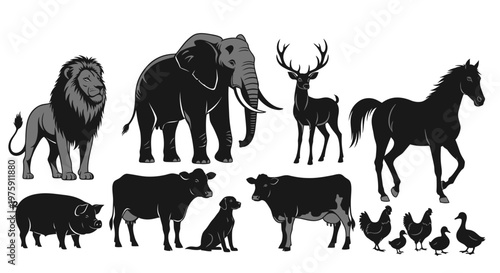 Collection of various animal silhouettes including farm animals and wild animals.