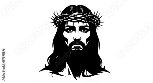 Jesus Christ Face with Crown of Thorns Black and White Illustration.