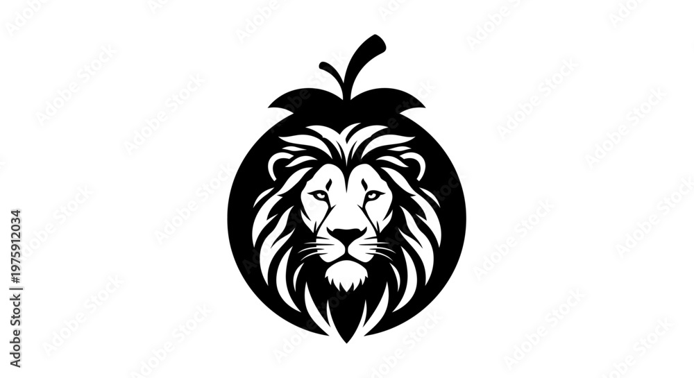 Fototapeta premium Majestic lion head logo design integrated with a fruit silhouette.