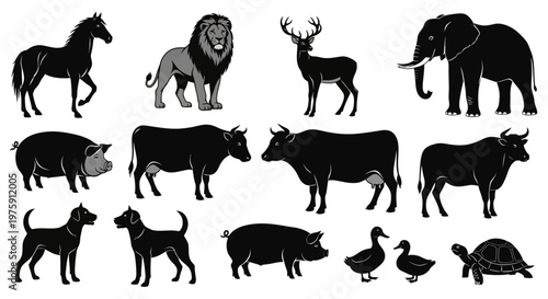 Collection of various animal silhouettes on a white background.