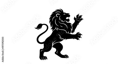 Majestic Black Lion Rampant Heraldic Symbol on White Background.