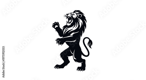 Majestic Black Lion Rearing Up on White Background.