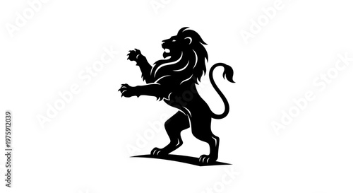 Majestic Black Lion Rearing Up on White Background.