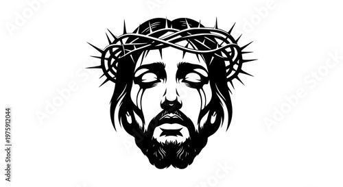 Jesus Christ face with crown of thorns black and white illustration.