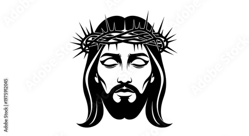 Jesus Christ face with crown of thorns, black and white vector illustration, religious symbol of faith and sacrifice.