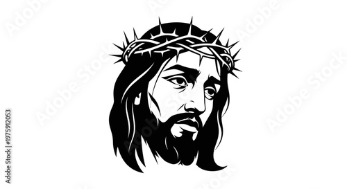Jesus Christ wearing crown of thorns black and white illustration.