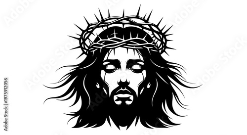 Jesus Christ wearing crown of thorns black and white illustration.
