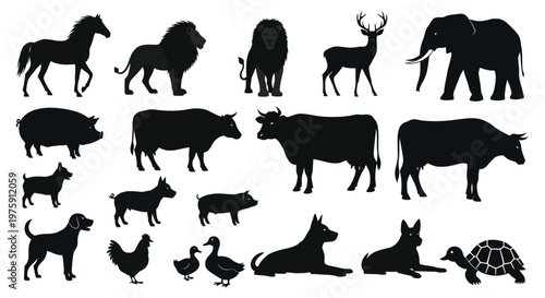 Collection of various animal silhouettes on a white background.