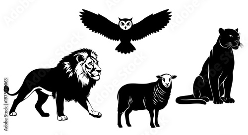 Collection of various animals in black and white.