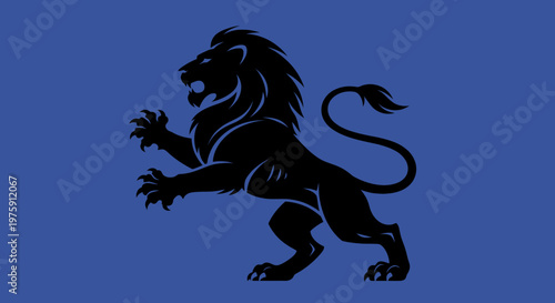 Majestic Black Lion Rampant on a Royal Blue Background.