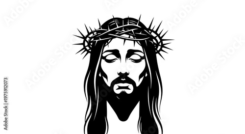 Jesus Christ wearing a crown of thorns, black and white illustration.
