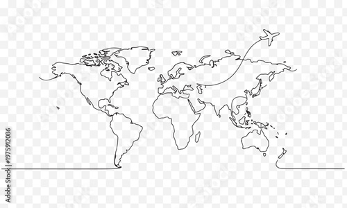 World map line drawing with airplane flying across continents and oceans black and white business travel leisure travel airplane continents transportation international