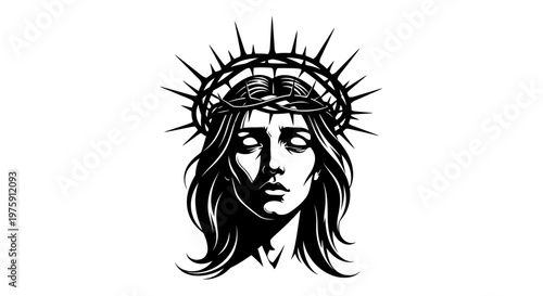 Jesus Christ wearing crown of thorns black and white illustration.
