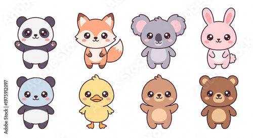 Set of cute kawaii baby animals characters in flat vector style