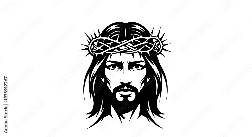 Obraz premium Jesus Christ with Crown of Thorns Black and White Illustration.