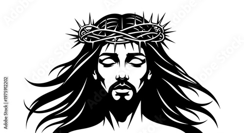 Jesus Christ with Crown of Thorns Black and White Illustration.