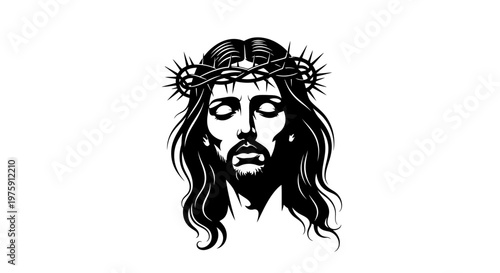 Jesus Christ with Crown of Thorns Black and White Illustration.