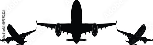 Simple airplane silhouette vector illustration, black aircraft icon isolated on white background for aviation travel and transport design