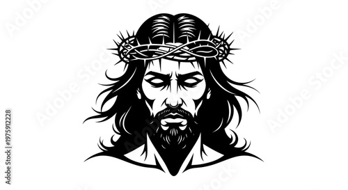 Jesus Christ with Crown of Thorns Black and White Illustration.
