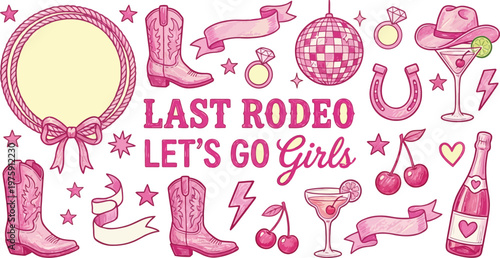 Last Rodeo Lets Go Girls Western Bachelorette Party Doodle Vector Set