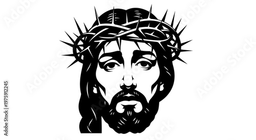 Jesus Christ with Crown of Thorns Black and White Illustration.