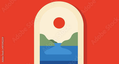 Abstract arch doorway landscape with sun over mountains and water in bold colors.