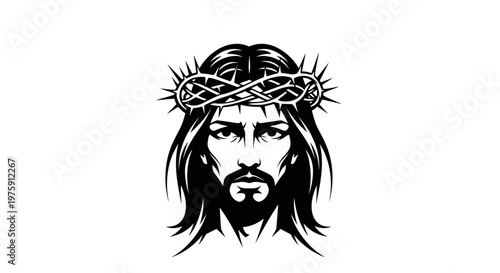 Jesus Christ with Crown of Thorns Black and White Illustration.