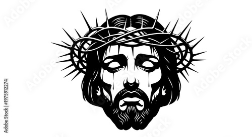 Jesus Christ with Crown of Thorns Black and White Illustration.