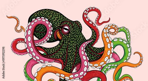 Vibrant Multicolored Octopus with Expansive Tentacles Swirling in an Oceanic Dreamscape.