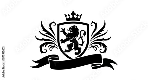 Majestic Lion Crest with Crown and Ornate Banner Design.