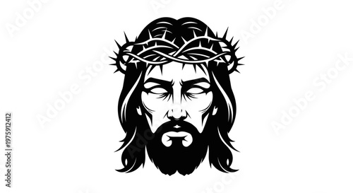 Jesus Christ with Crown of Thorns Black and White Illustration.