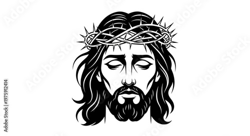 Jesus Christ with Crown of Thorns Black and White Illustration.