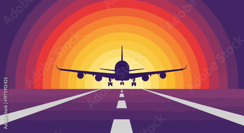 Airplane approaching runway under vibrant sunset glow with colorful sky and distant horizon.