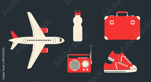 Flatlay of travel essentials including airplane silhouette, bottle, suitcase, radio, and sneaker on a dark background.