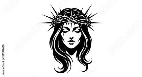 Jesus Christ with Crown of Thorns Black and White Illustration.