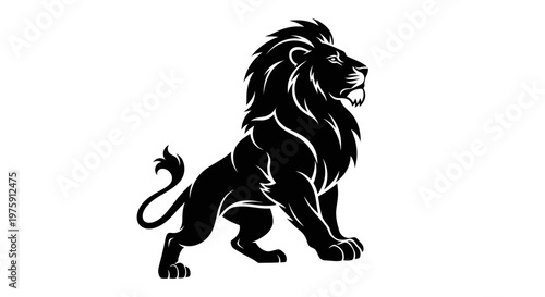 Majestic Black Lion Silhouette Standing Proudly on White Background.