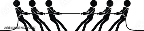 tug of war teams, teamwork competition concept, group strength, collaboration effort, opposing sides, pulling rope, leadership challenge, business strategy, vector illustration, success concept