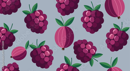 Vibrant raspberry pattern with leaves and stems on a purple background.