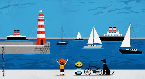 Colorful seaside scene with lighthouse, boats, and people enjoying the harbor promenade.