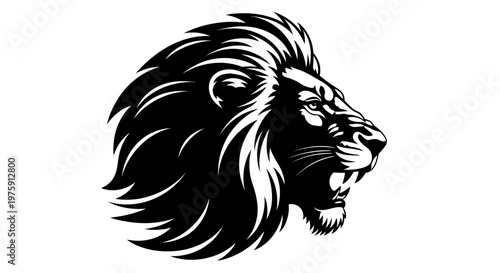 Majestic Lion Head Roaring in Profile Black and White Vector Illustration.
