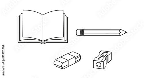 Open book, pencil, eraser, and sharpener line art - education and writing tools