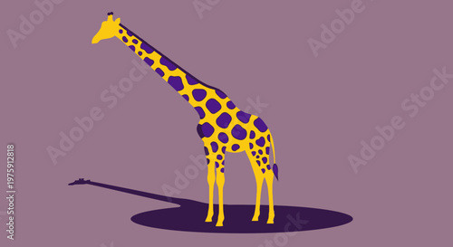 Stylized purple background giraffe standing with long shadow in playful illustration.
