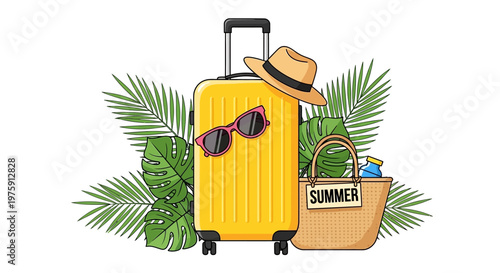 Bright yellow suitcase with summer accessories among tropical leaves and travel essentials.