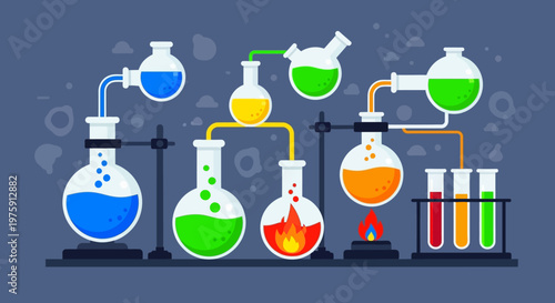 Colorful Chemistry Laboratory Scene with Flasks, Beakers and Test Tubes in Action.