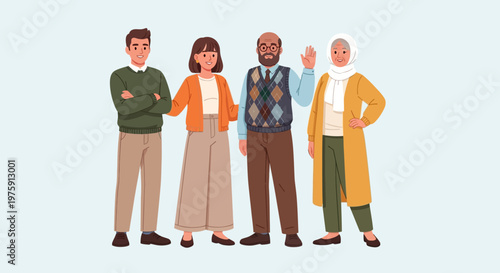 Group of diverse adults standing together in a casual and formal setting, smiling and posing for a team or community portrait.