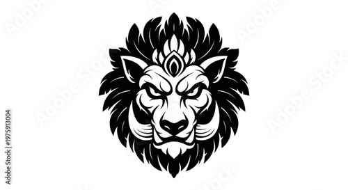 Majestic Lion Head Vector Illustration with Intricate Details and Bold Black and White Design.
