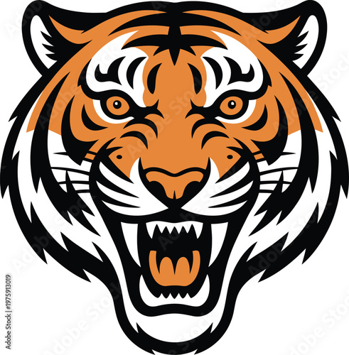 Tiger head mascot logo roaring with bared teeth and orange stripes big cat predator ferocious carnivore illustration aggressive powerful stylized character attitude wildlife