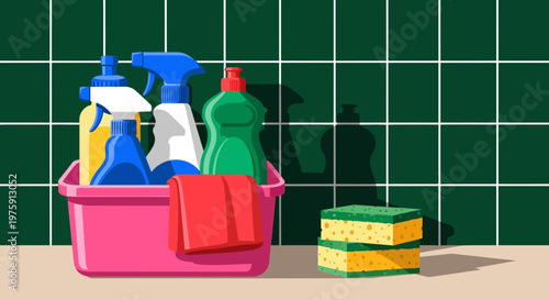 Cleaning supplies organized in a pink bucket with sponges and spray bottles on a green tiled wall.